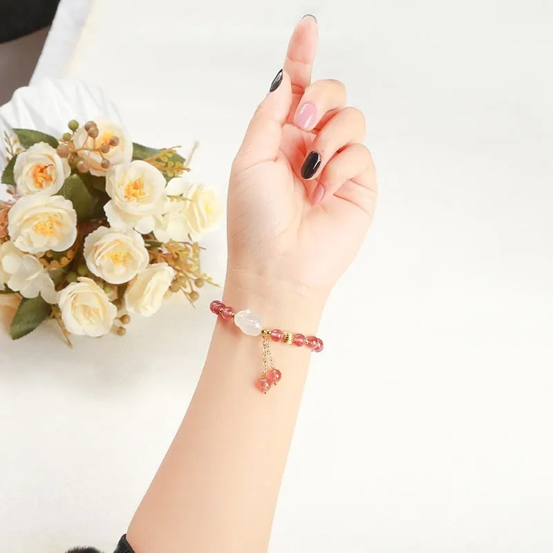 Strawberry quartz agate white rabbit bracelet with 6mm geometric beads for women