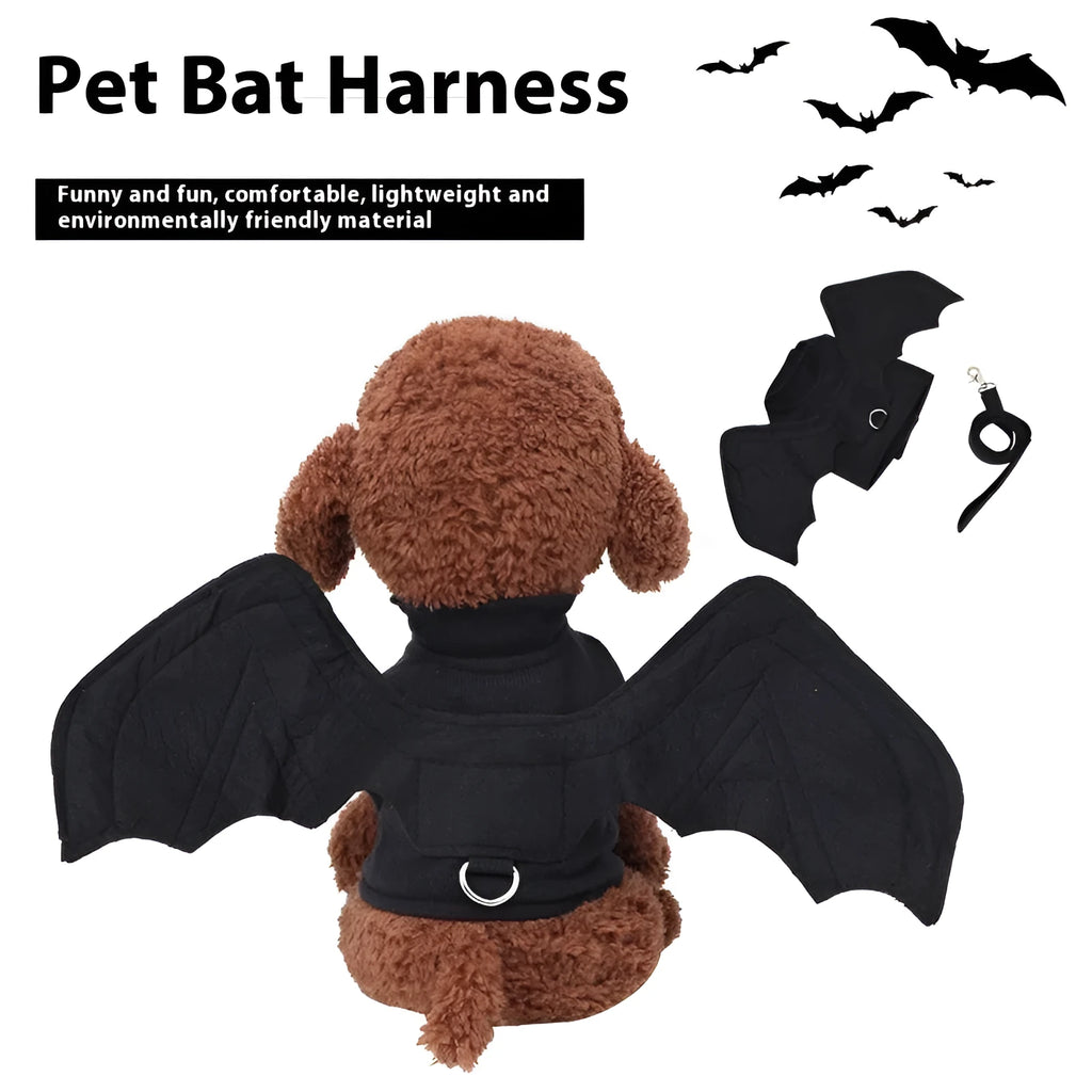 Black polyester bat wings costume for a dog, showing chest and back attachment.