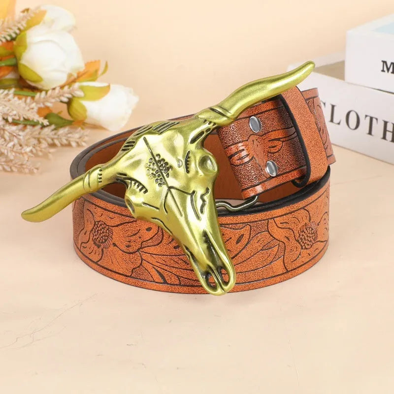 Men's brown imitation leather belt with a detailed silver alloy cow head buckle and pin fastener.