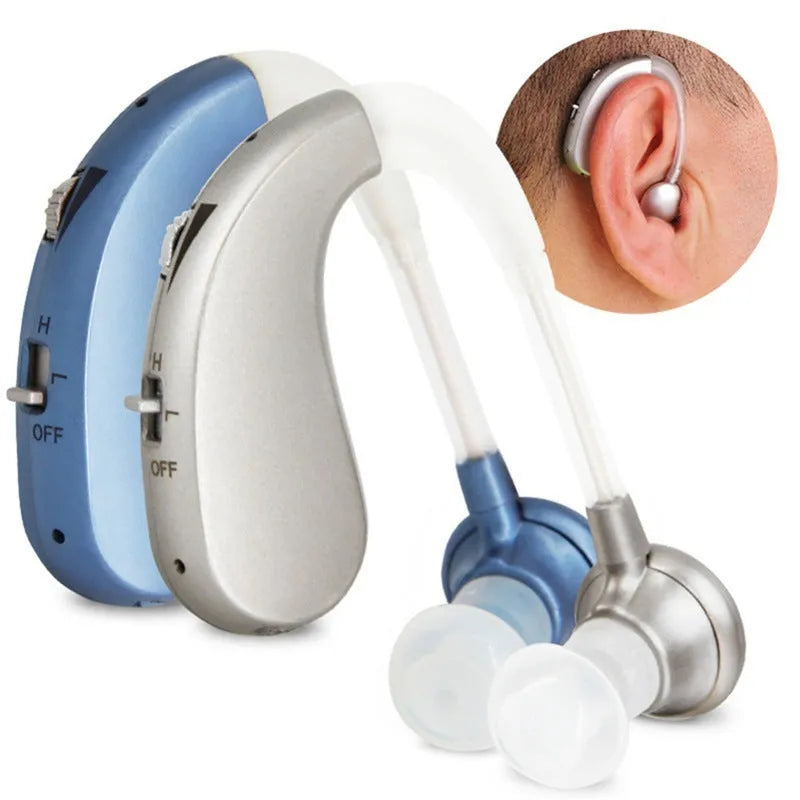 USB rechargeable hearing aid for elderly in blue and silver with double pack