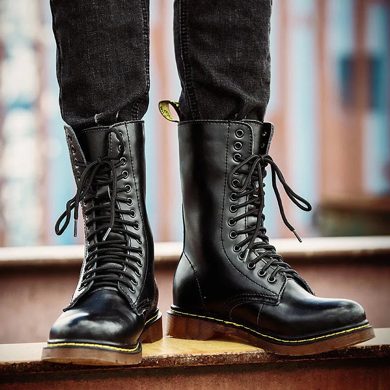 Men's brown leather lace-up casual boots with round toe and flat heel