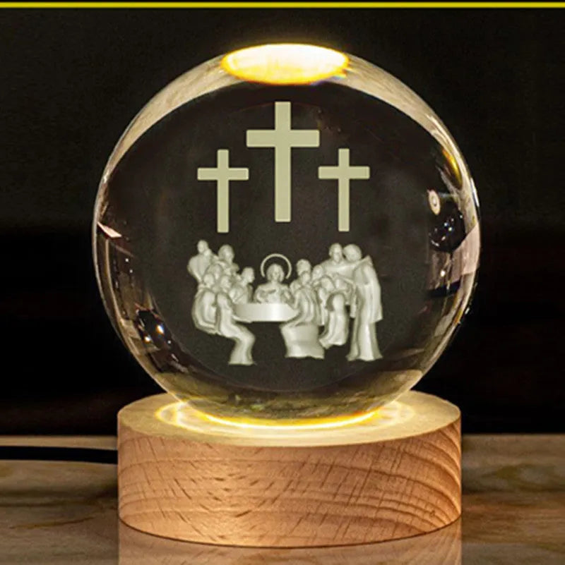White crystal ball desk ornament on a wooden warm light base, showing purity-themed designs.