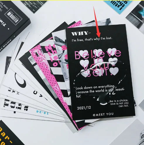 Two designs of fresh-style printed postcards showing artwork fronts and blank backs for messages.