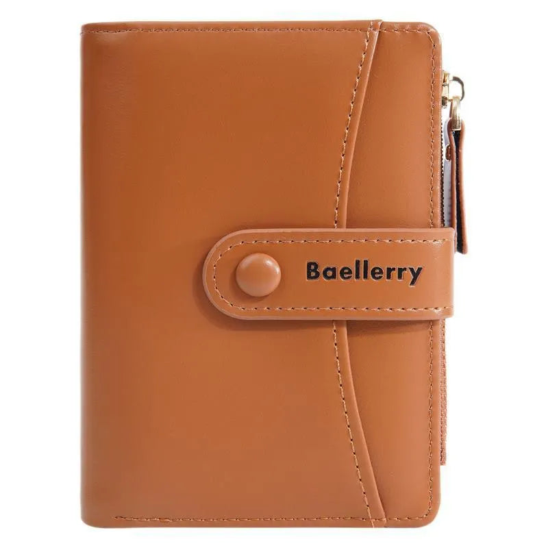 Women's waterproof PU leather short wallet in apricot colour showing card slots and compact design