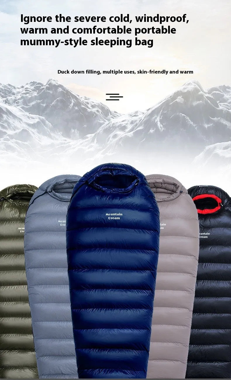 Ultralight mummy-style sleeping bag in army green colour with white duck down filling.