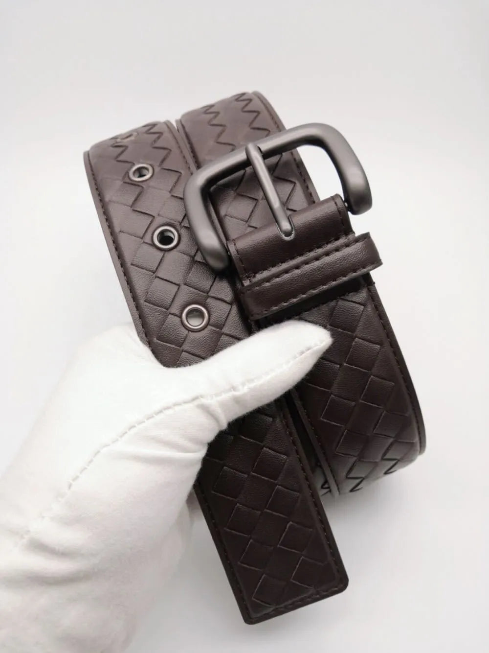 Children's top layer cowhide belt with copper needle buckle, embossed geometric pattern, coffee colour, 3.5cm width