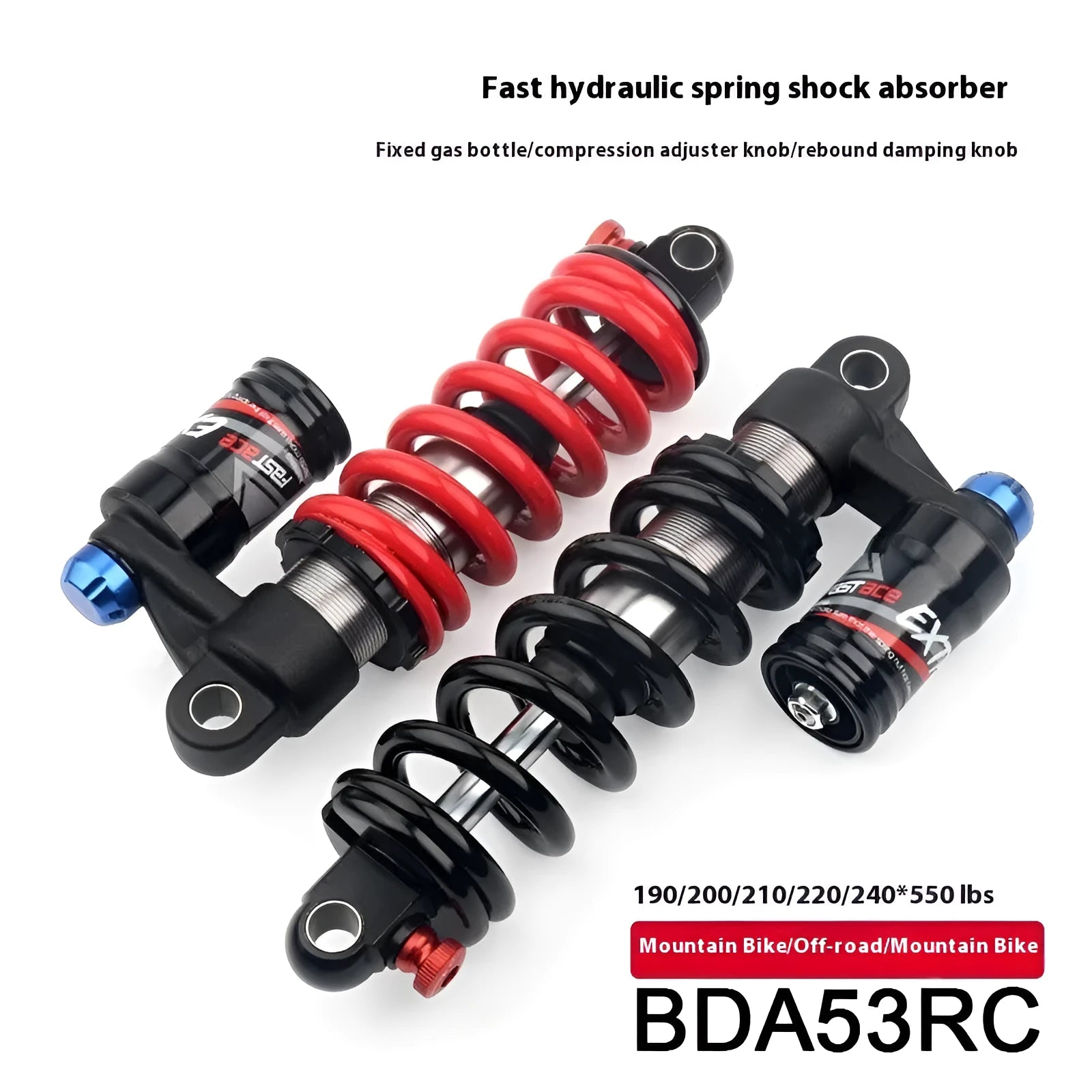 Aluminium mountain bicycle shock absorber with adjustment dials in red or black.
