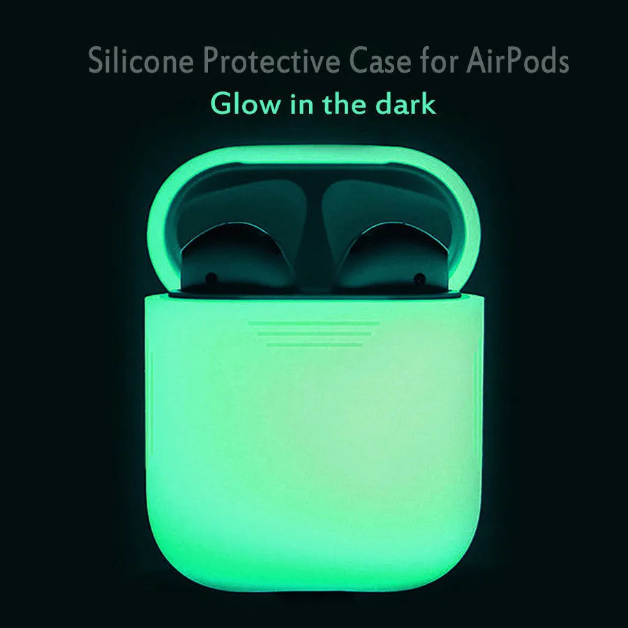 Glow-in-the-dark silicone flip-top protective case for Apple AirPods on a dark background.