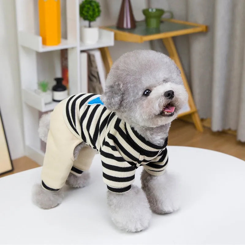 Small medium dog wearing striped four-legged hoodie jumpsuit in black beige colour for autumn winter