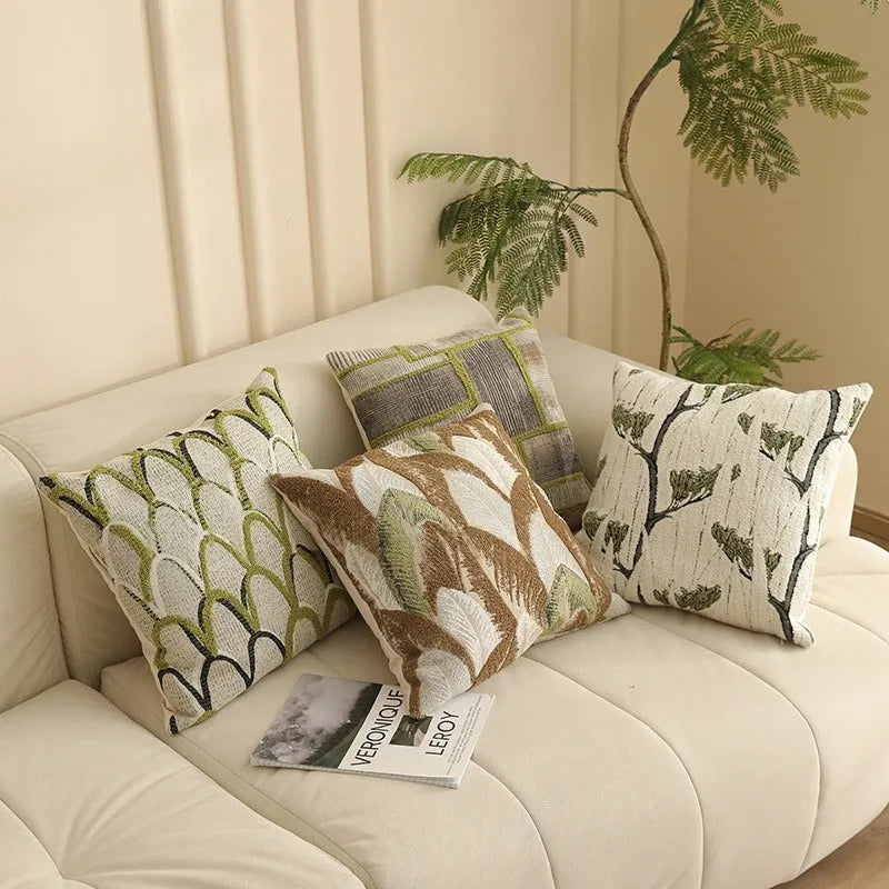45cm square jacquard woven cushion cover with embroidered floral pattern in retro Nordic style
