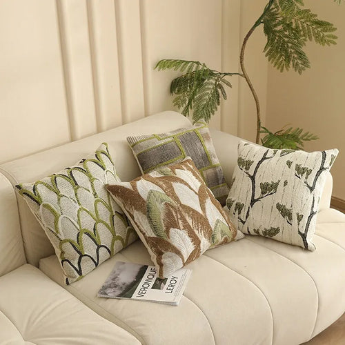45cm square jacquard woven cushion cover with embroidered floral pattern in retro Nordic style