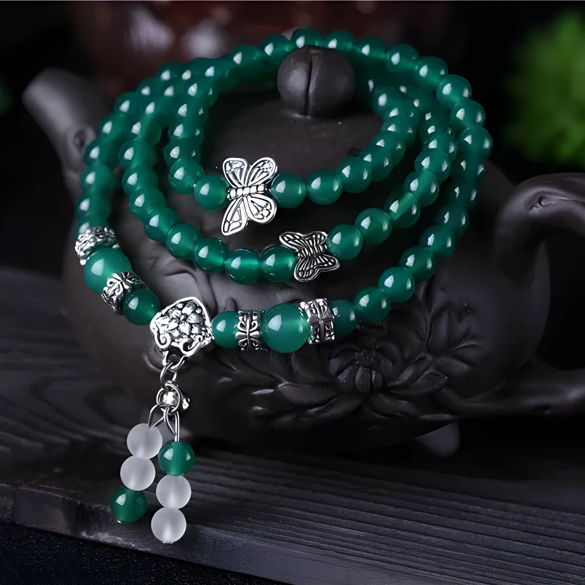 Handmade green agate multi-layer bracelet with three circles of 6mm beads for women.