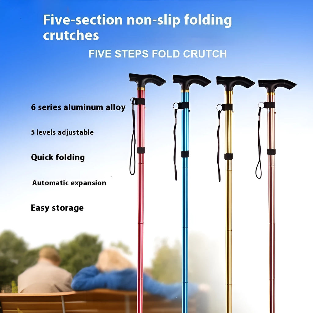 Aluminium alloy folding walking cane extended, showing adjustable sections and non-slip tip.