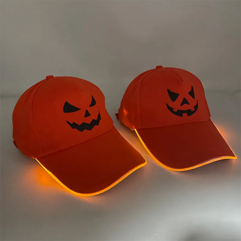 Halloween LED baseball cap with illuminated pumpkin design and adjustable free size fit