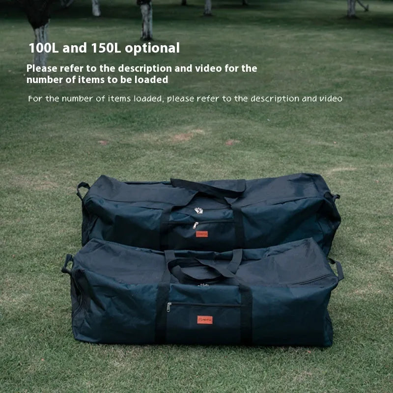 Green oversized waterproof storage bag for camping tables and chairs, shown folded and expanded.