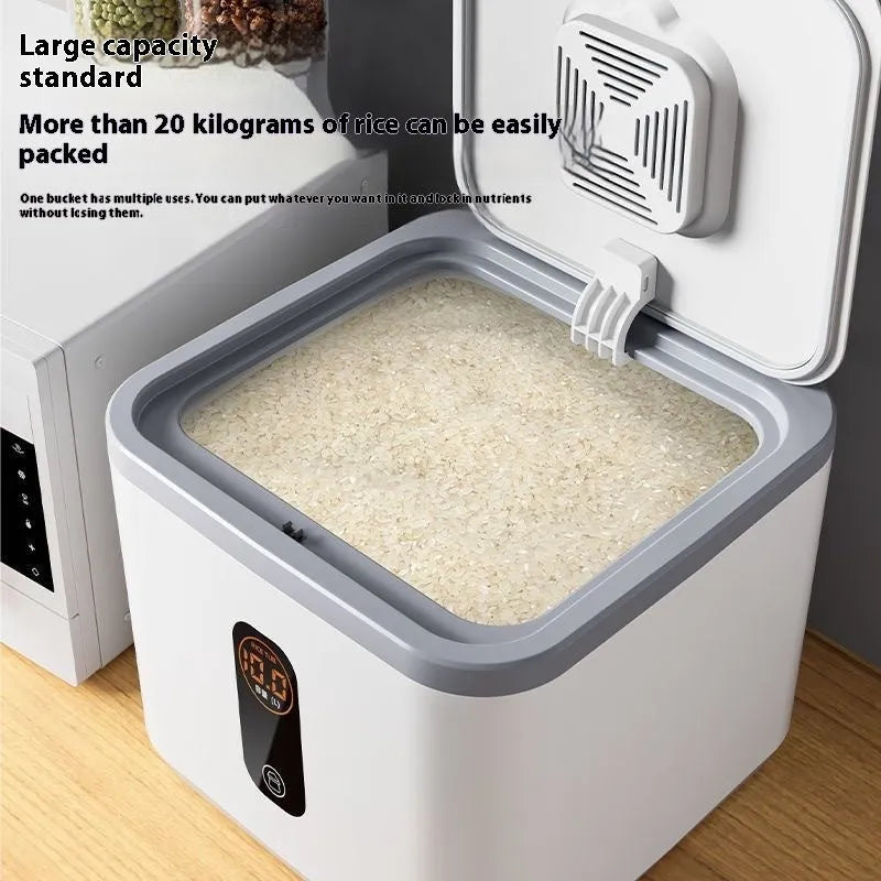 Grey plastic household rice storage jar with a sealed lid and a measuring cup.