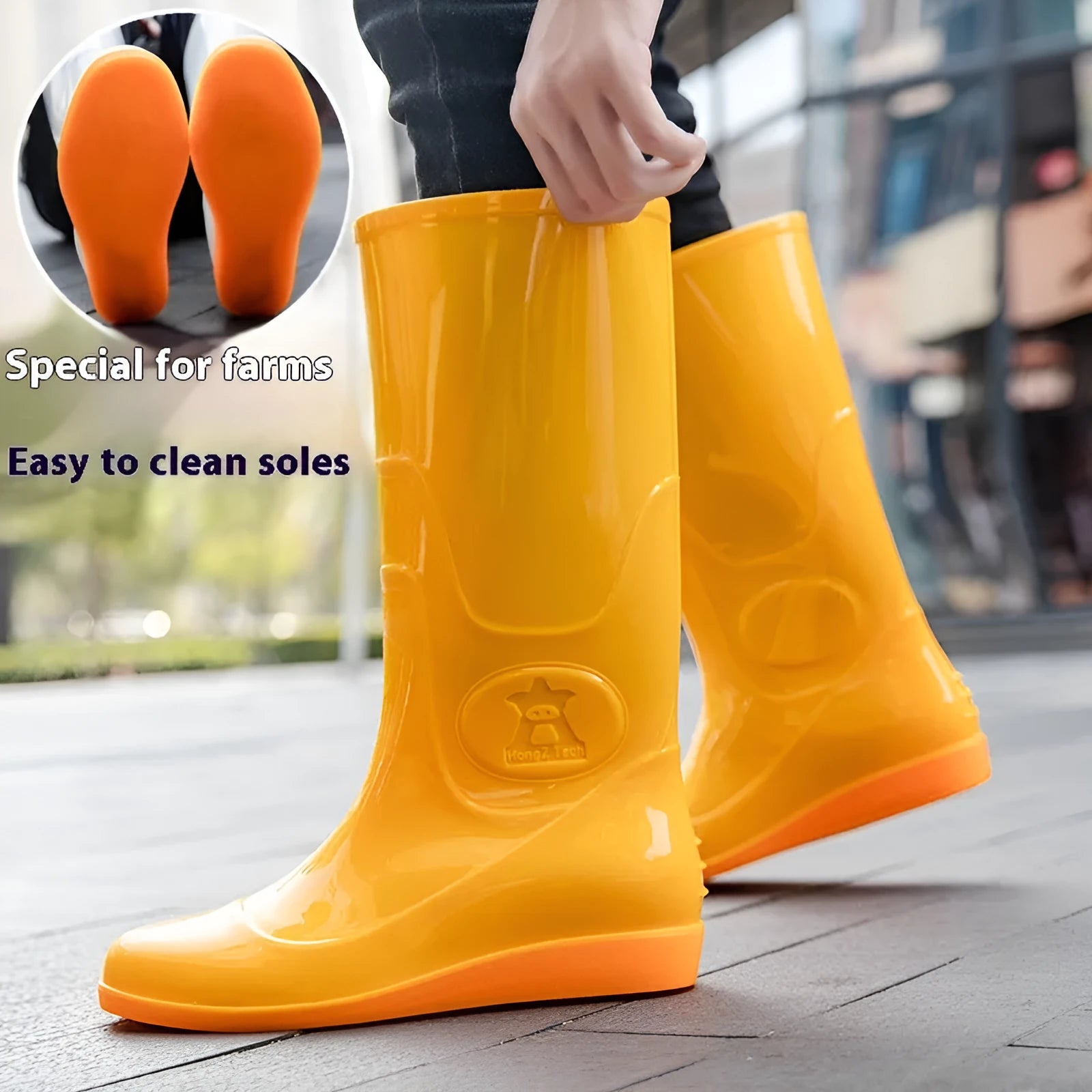 White plastic rain boots with high tube design and flat heel for outdoor labour protection