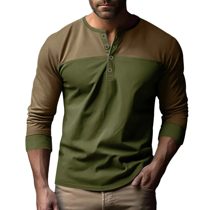 Men's retro colour block long sleeve base shirt with upper black and lower brown sections, polyester pullover style