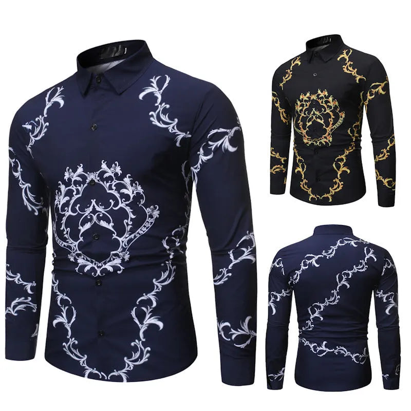 Men's long sleeve slim fit casual shirt with flower print in black and navy blue on hanger