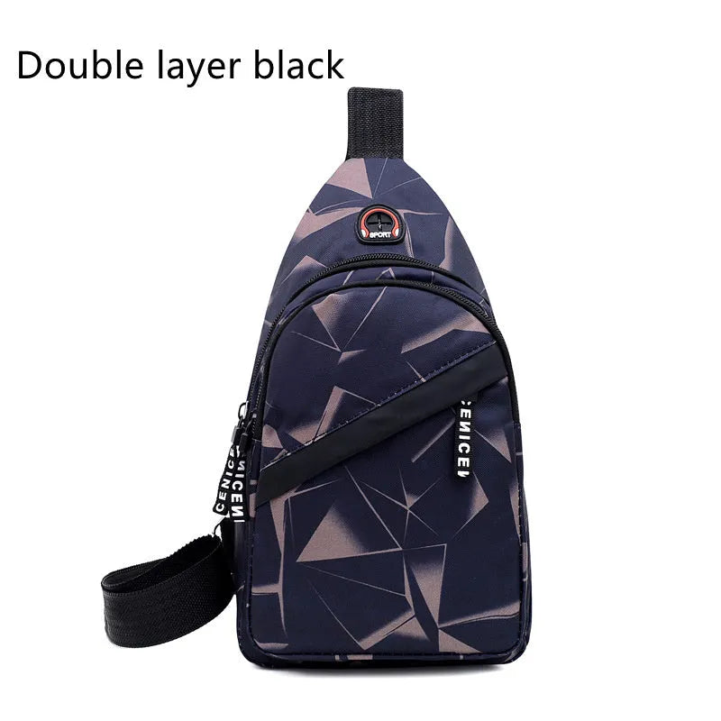 Men's blue print sling chest bag with a visible earphone hole and a single adjustable strap.