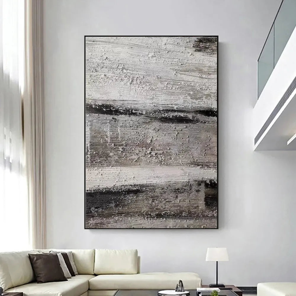 Handmade abstract oil painting on canvas, grey colours with texture, frameless and rolled, suitable for living room wall decor.
