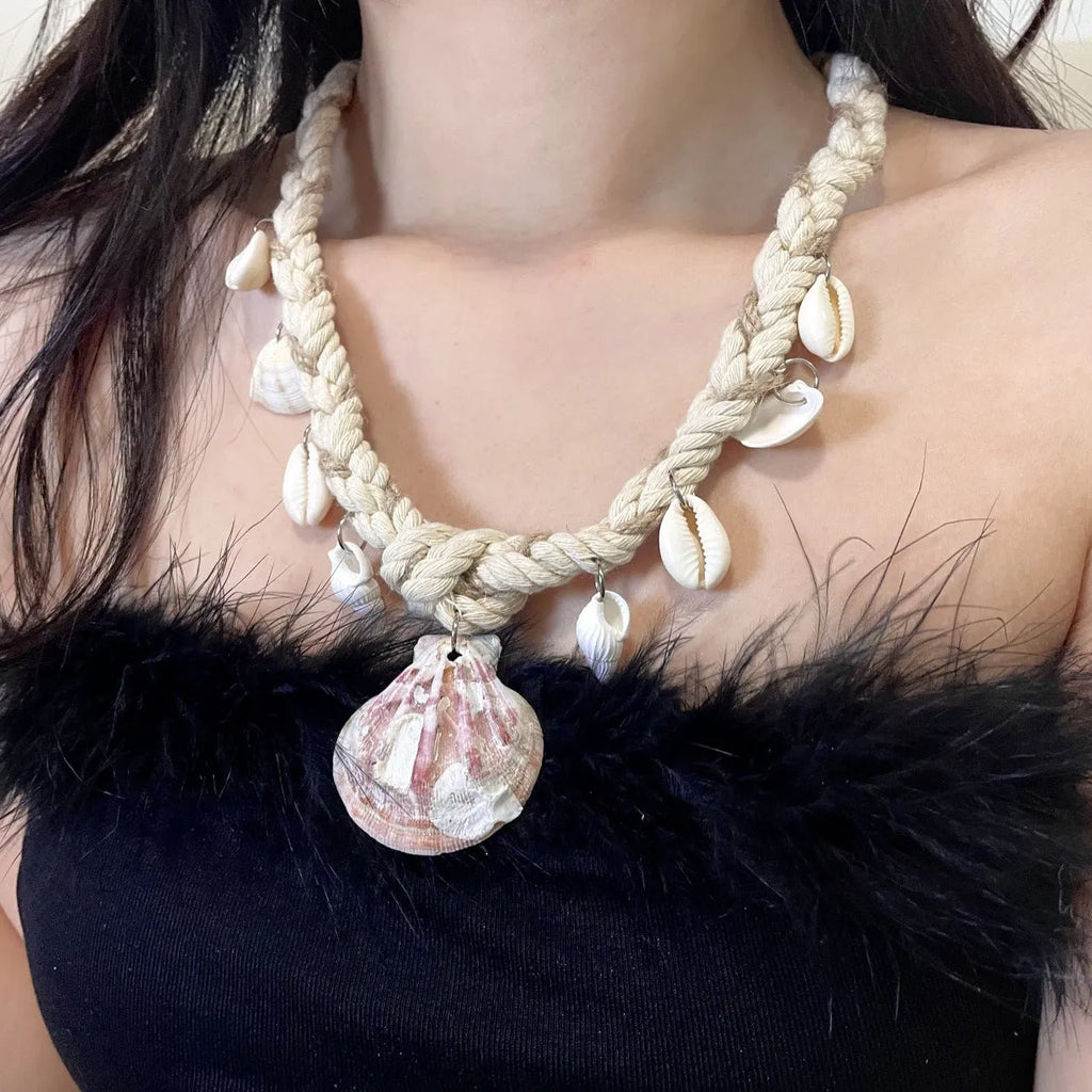 Shell pendant braided rope necklace, adjustable 51-60cm chain, electroplated finish, women's casual vacation style