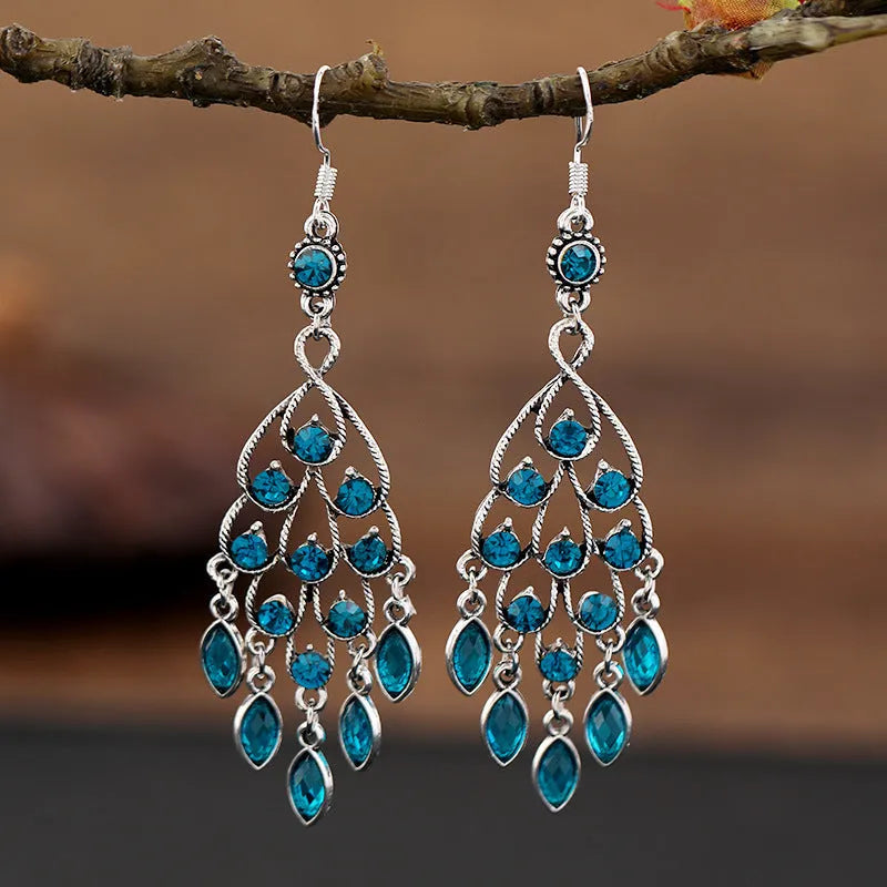 Purple retro drop earrings with long fringe tassels and ethnic design elements