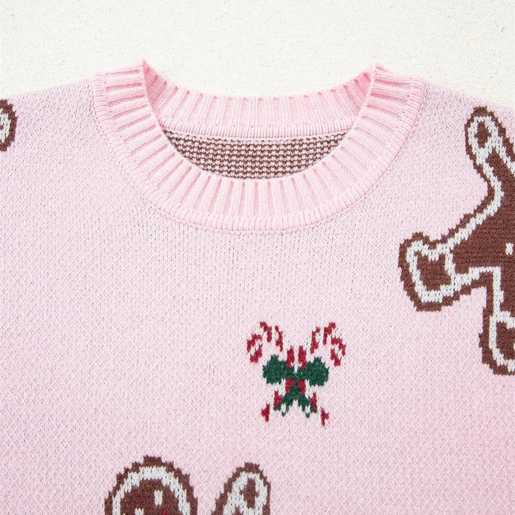 Women's spring round neck loose acrylic sweater in pink with long flight sleeves, shown on female model