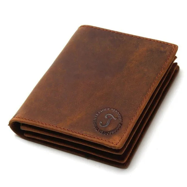 Genuine leather short anti-theft swiping men's wallet in brown vertical version with sewing line detailing