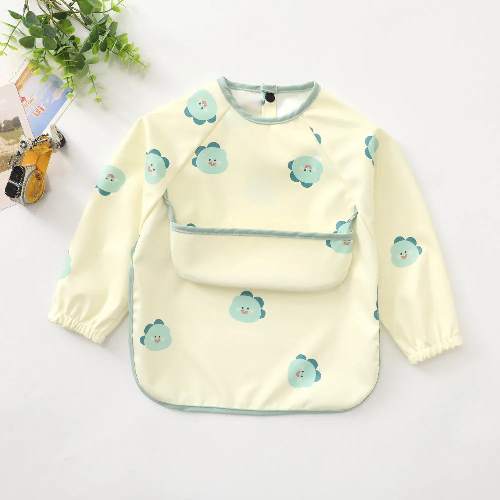 Children's long-sleeved PU upper pocket bib with cartoon pattern, pink dot colour, size S