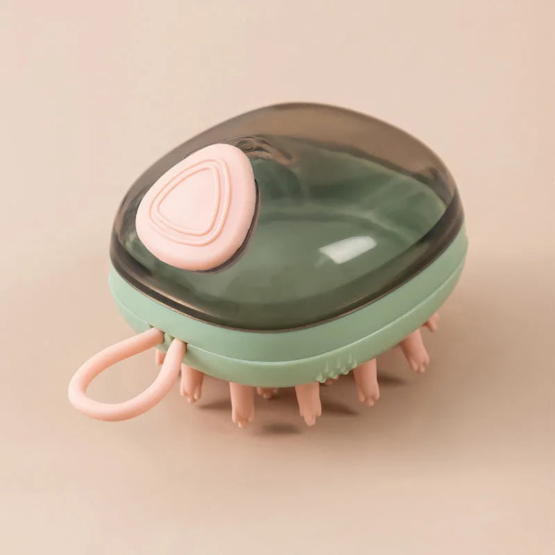 Blue pet grooming brush with integrated shampoo dispenser for bath time use with cats and dogs