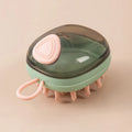Blue pet grooming brush with integrated shampoo dispenser for bath time use with cats and dogs