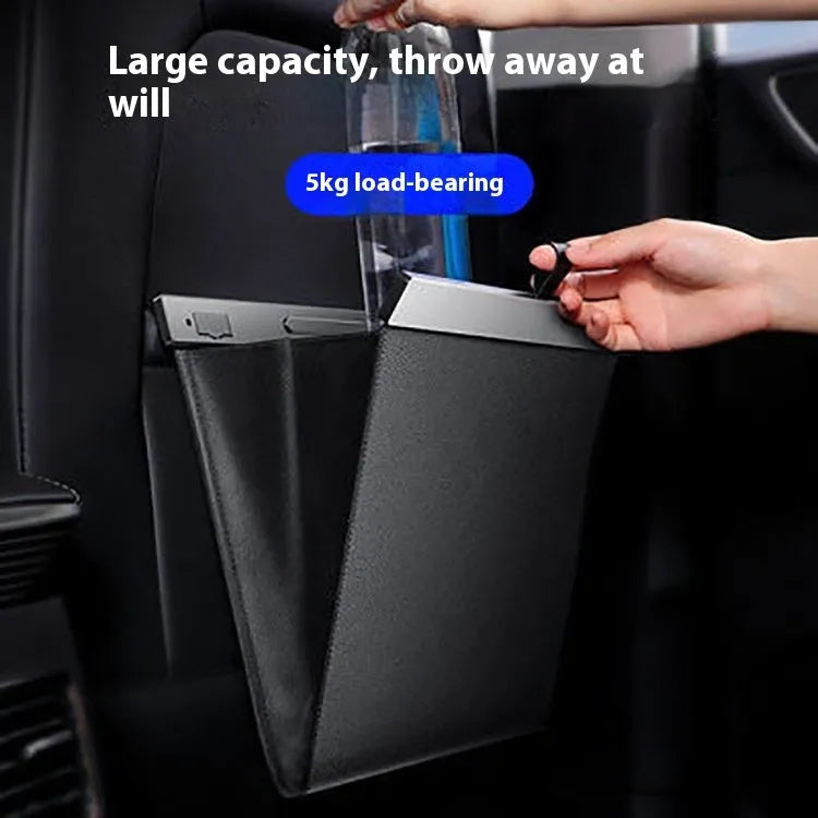 Leather waterproof car garbage bag hanging with foldable design in black