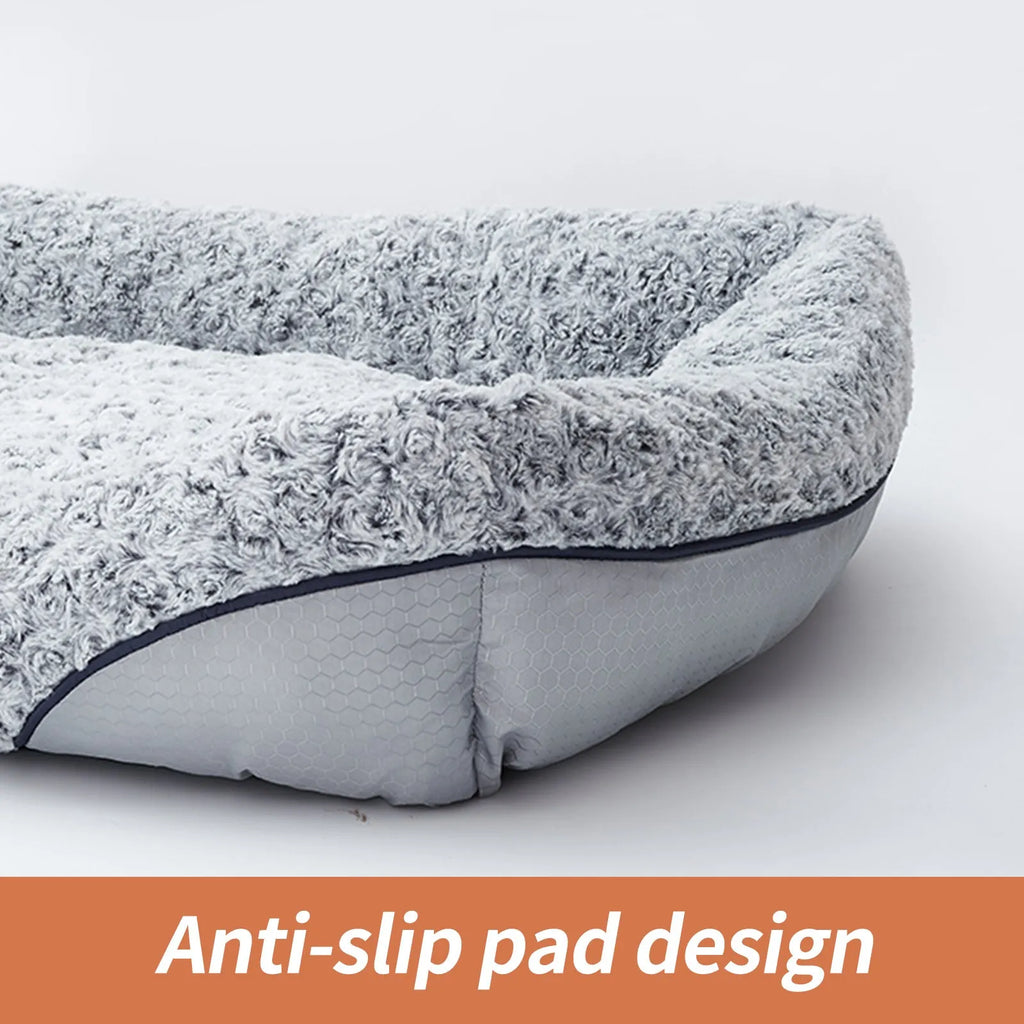 Swirl Rose Velvet dog bed with raised rim and removable cushion on a floor, size option S, M, or L.