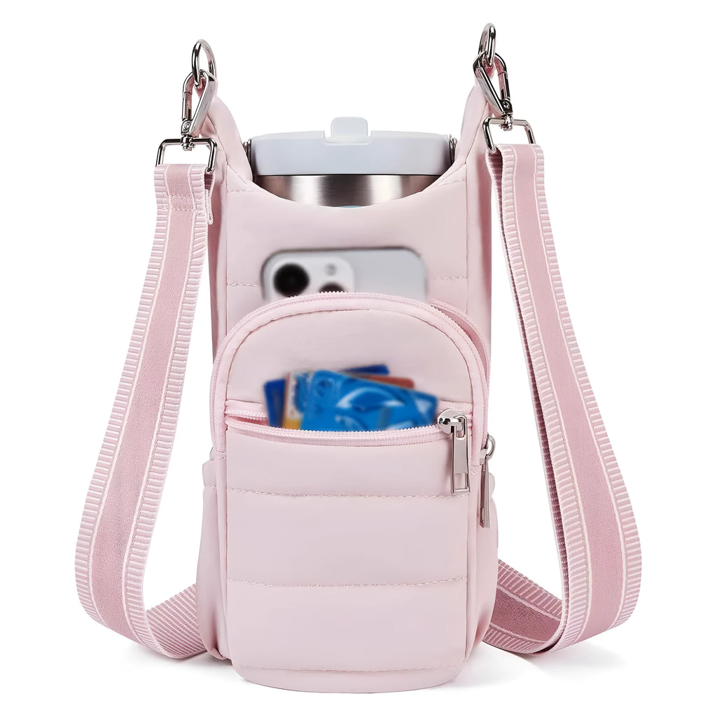 Cloth water bottle holder bag for bicycles in beige, black, and pink colour options.