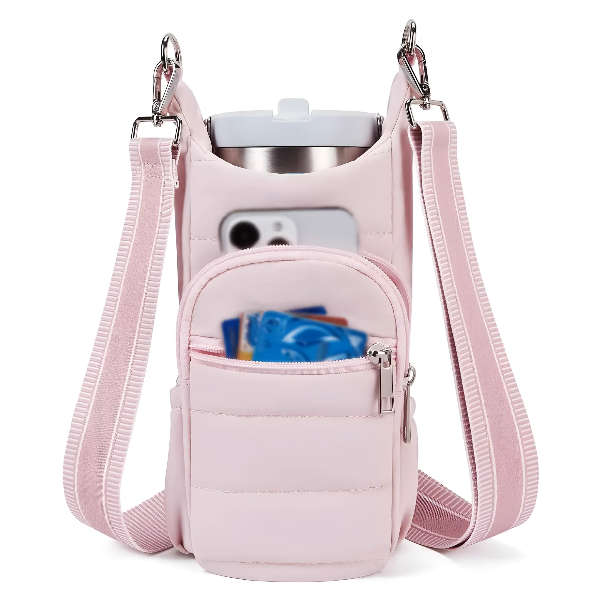 Cloth water bottle holder bag for bicycles in beige, black, and pink colour options.
