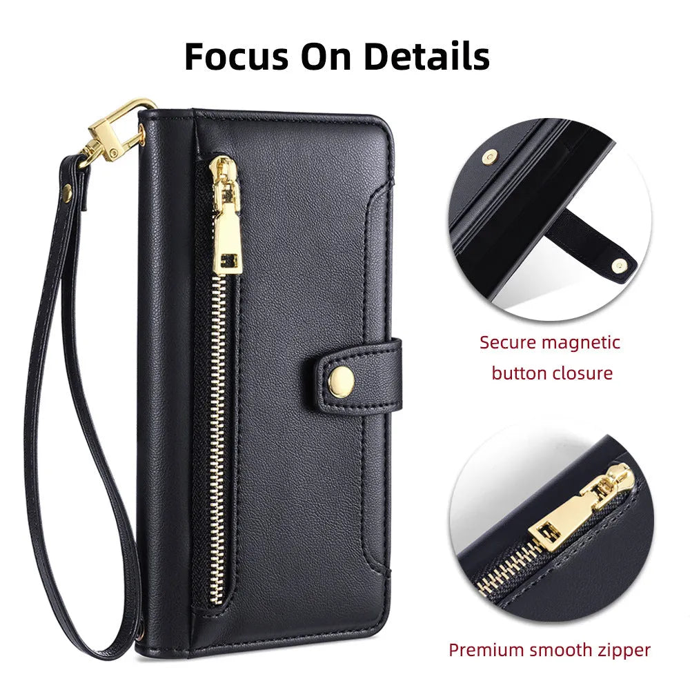 Samsung flip phone case with card slot and kickstand in black TPU leather