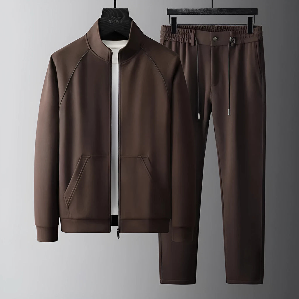 Men's slim fit stand collar tracksuit jacket and trousers in coffee colour