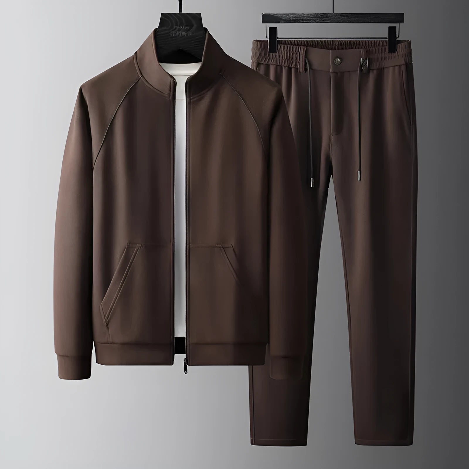 Men's slim fit stand collar tracksuit jacket and trousers in coffee colour