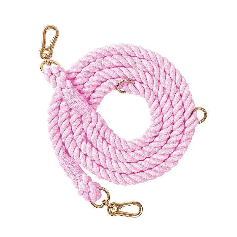 Woven rainbow coloured dog leash with clips at both ends, shown in a choice of colours with silver or gold fittings.
