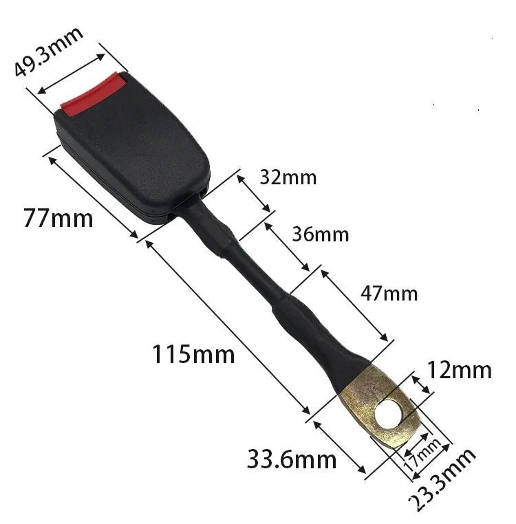 Car seat belt buckle with 20cm steel wire base for 21cm wide vehicle sockets.