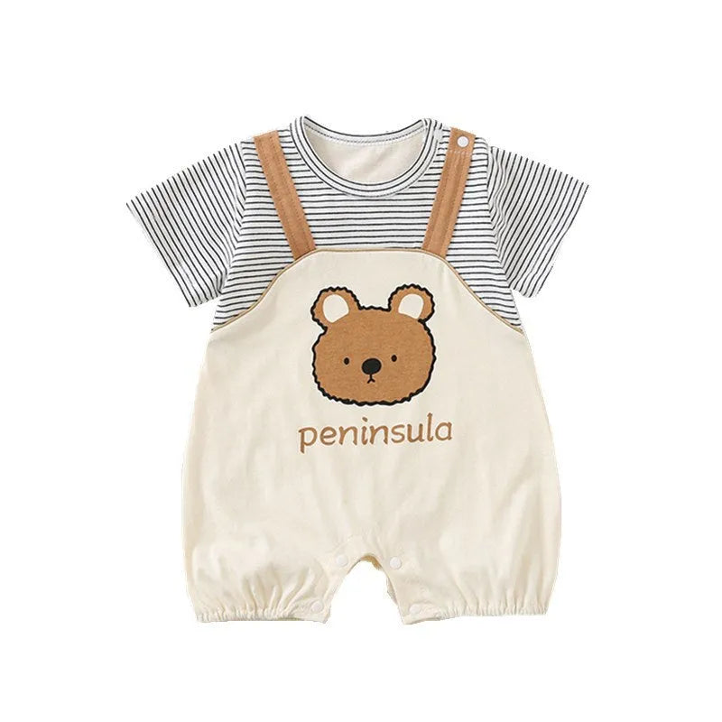 Cotton baby short sleeve romper with a cartoon bear print, Korean style.