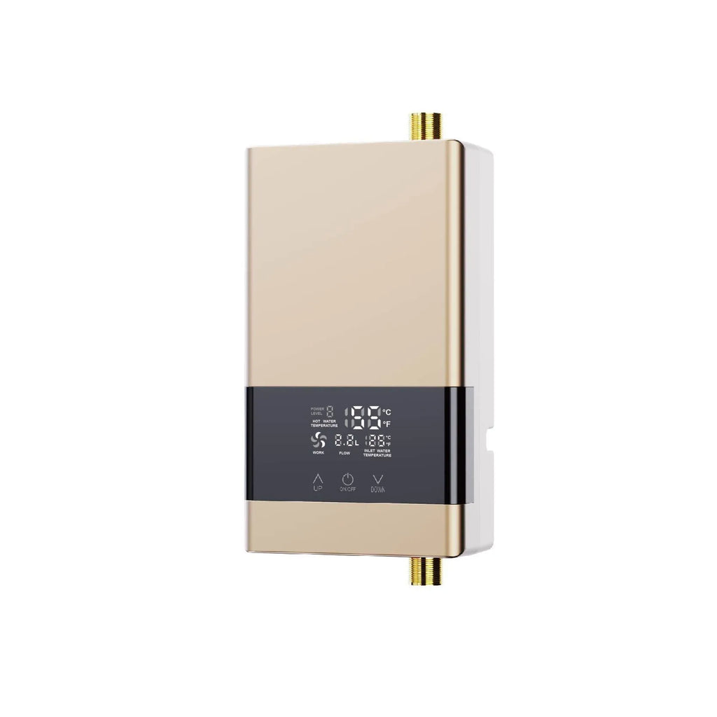 Constant temperature instant water heater with LED touch screen display and remote control in gold finish.