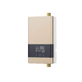 Constant temperature instant water heater with LED touch screen display and remote control in gold finish.