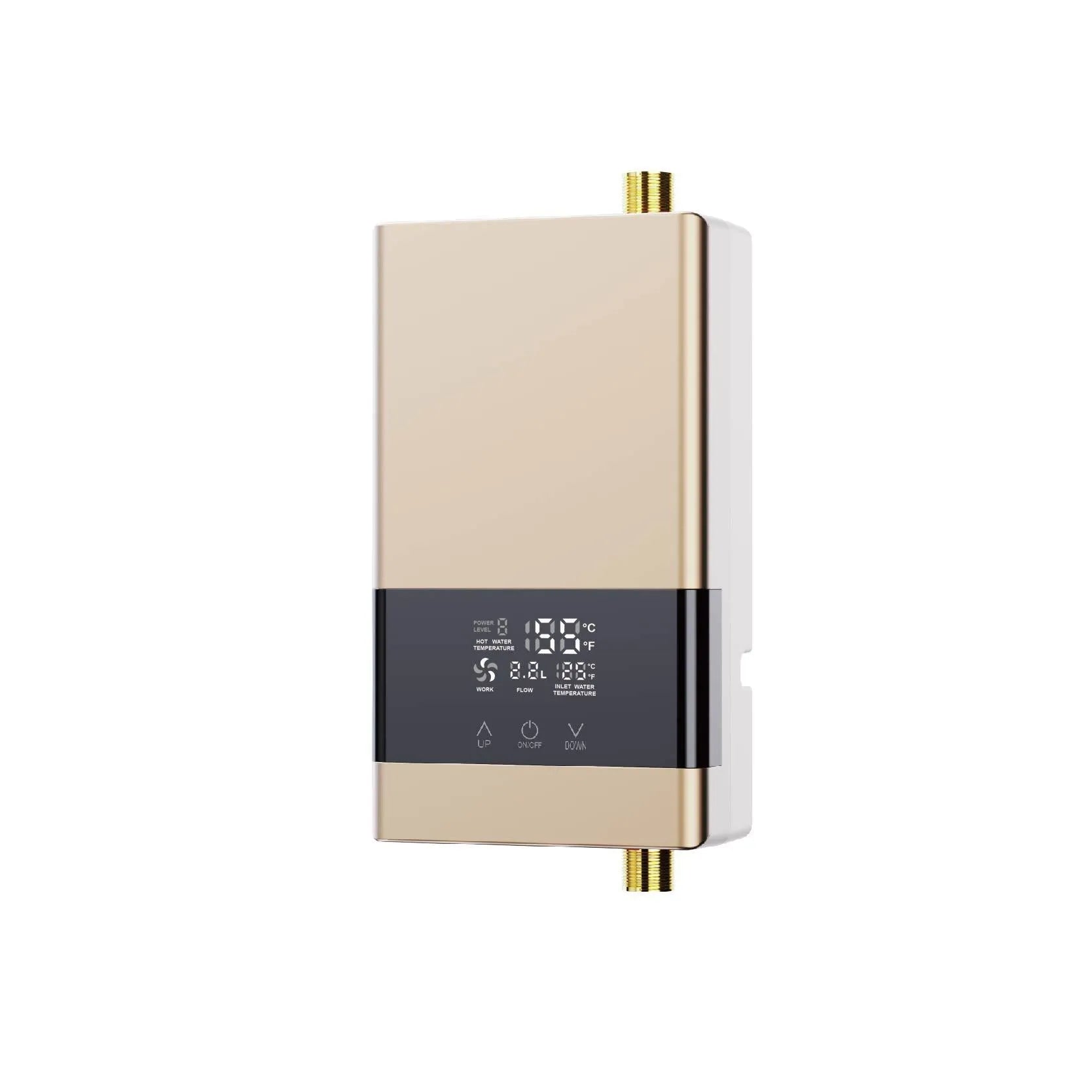 Constant temperature instant water heater with LED touch screen display and remote control in gold finish.