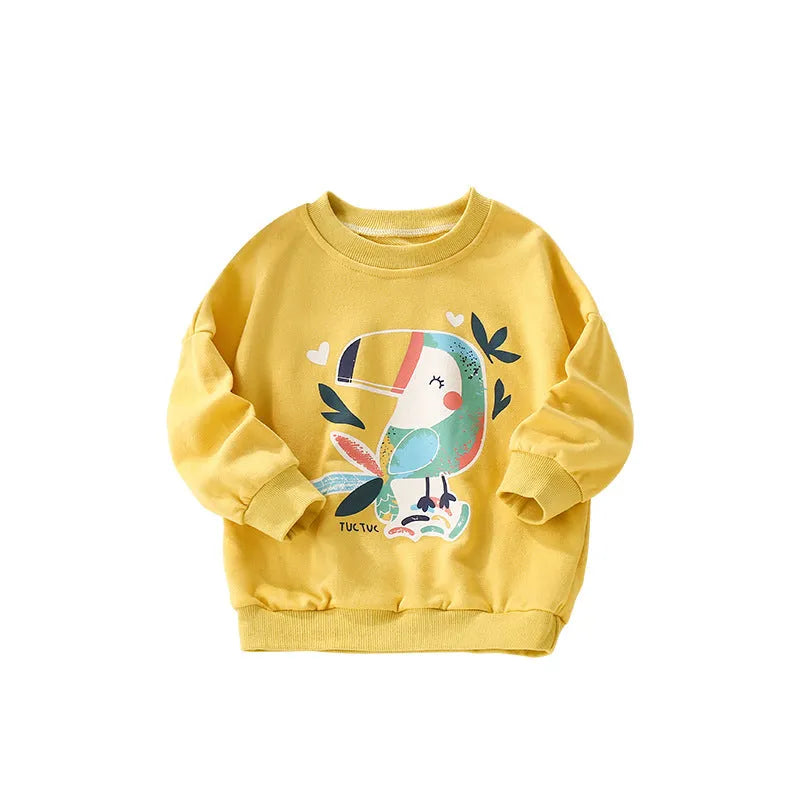 Girls cartoon animal print cotton sweater round neck long sleeve yellow pink
