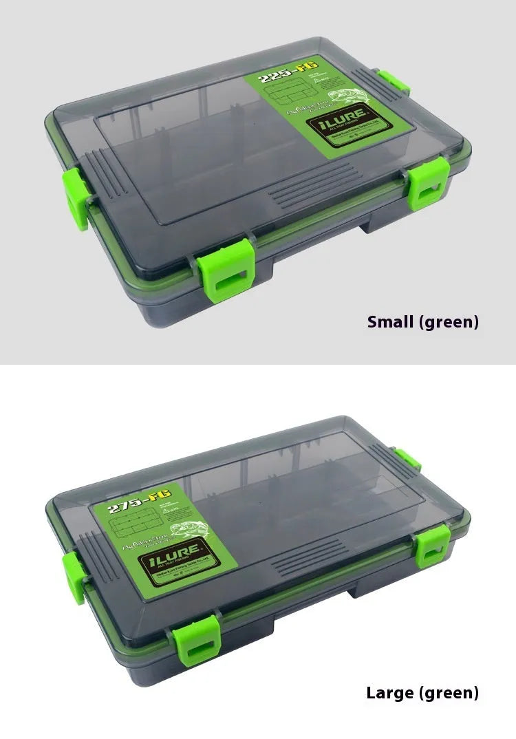 Waterproof plastic fishing lure storage box in blue, shown with internal compartments.