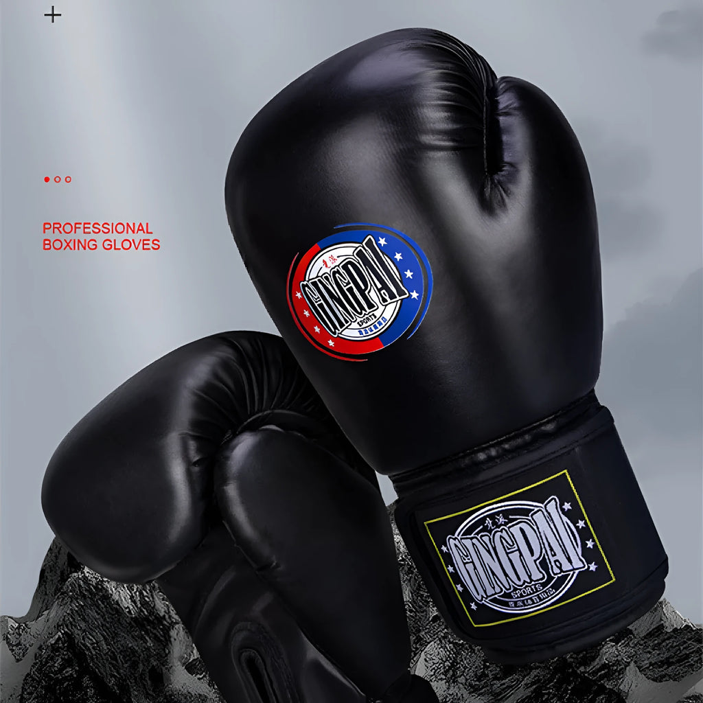 Pair of professional PU training boxing gloves in a vertical style on a coloured background.