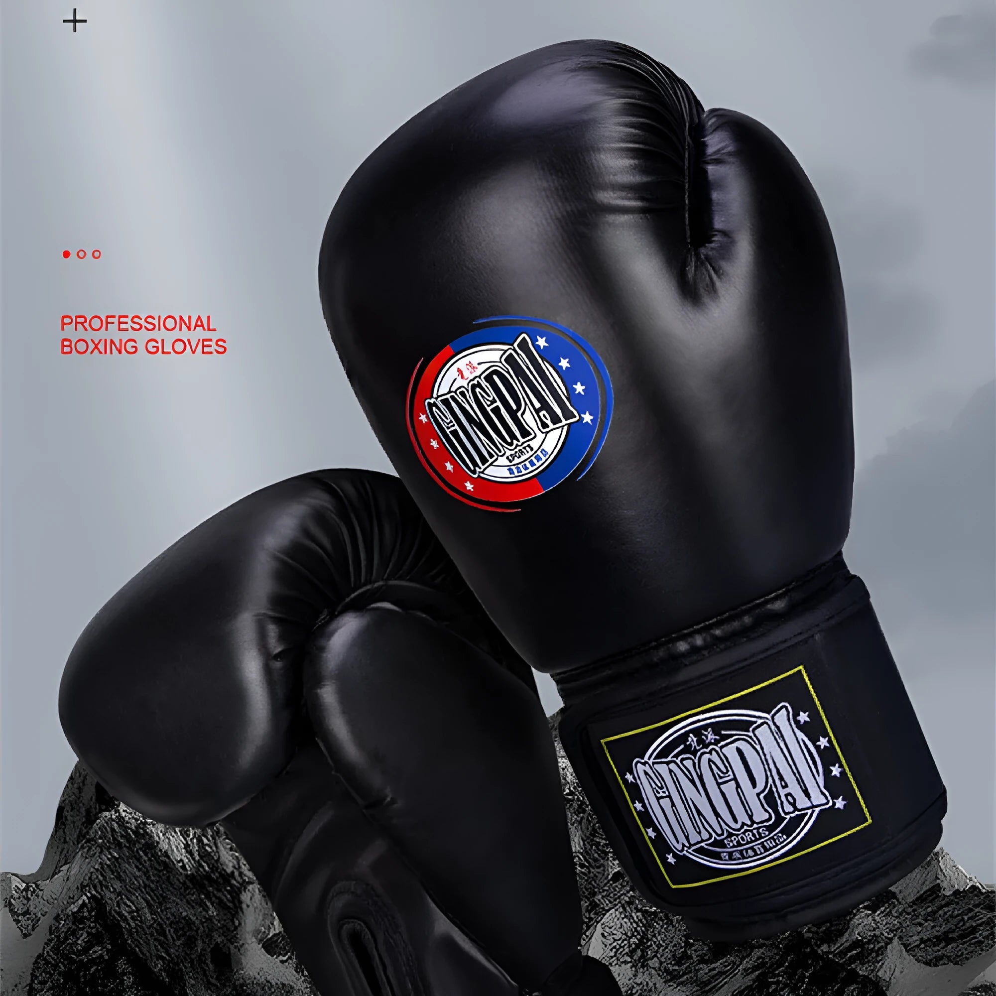 Pair of professional PU training boxing gloves in a vertical style on a coloured background.