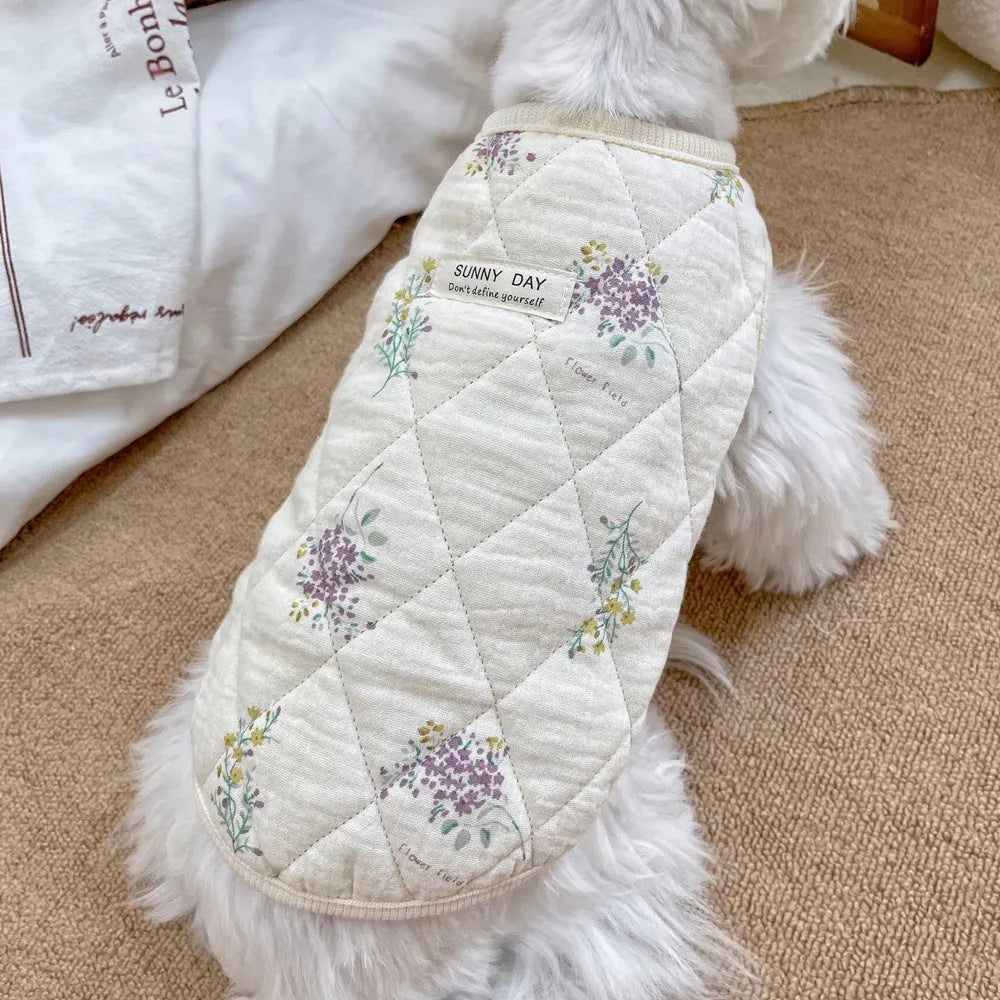 Cotton-padded pet clothes in Chinese ink style or lavender colour with vest or flounced sleeve designs